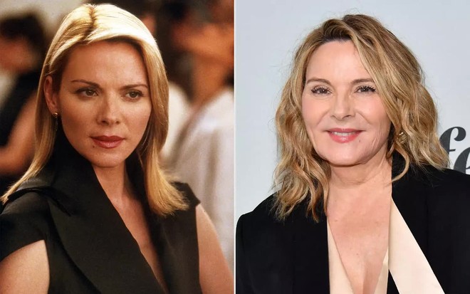 Kim Cattrall hồi trẻ trong phim "Sex and the City" (bên trái) và Kim Cattrall trong 1 sự kiện năm 2023, khi đã 67 tuổi (bên phải).